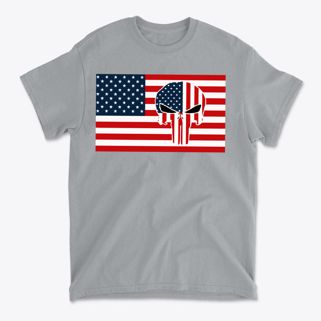 Punisher In Stars And Stripes On American Flag design on a gray t-shirt showcasing American pride.