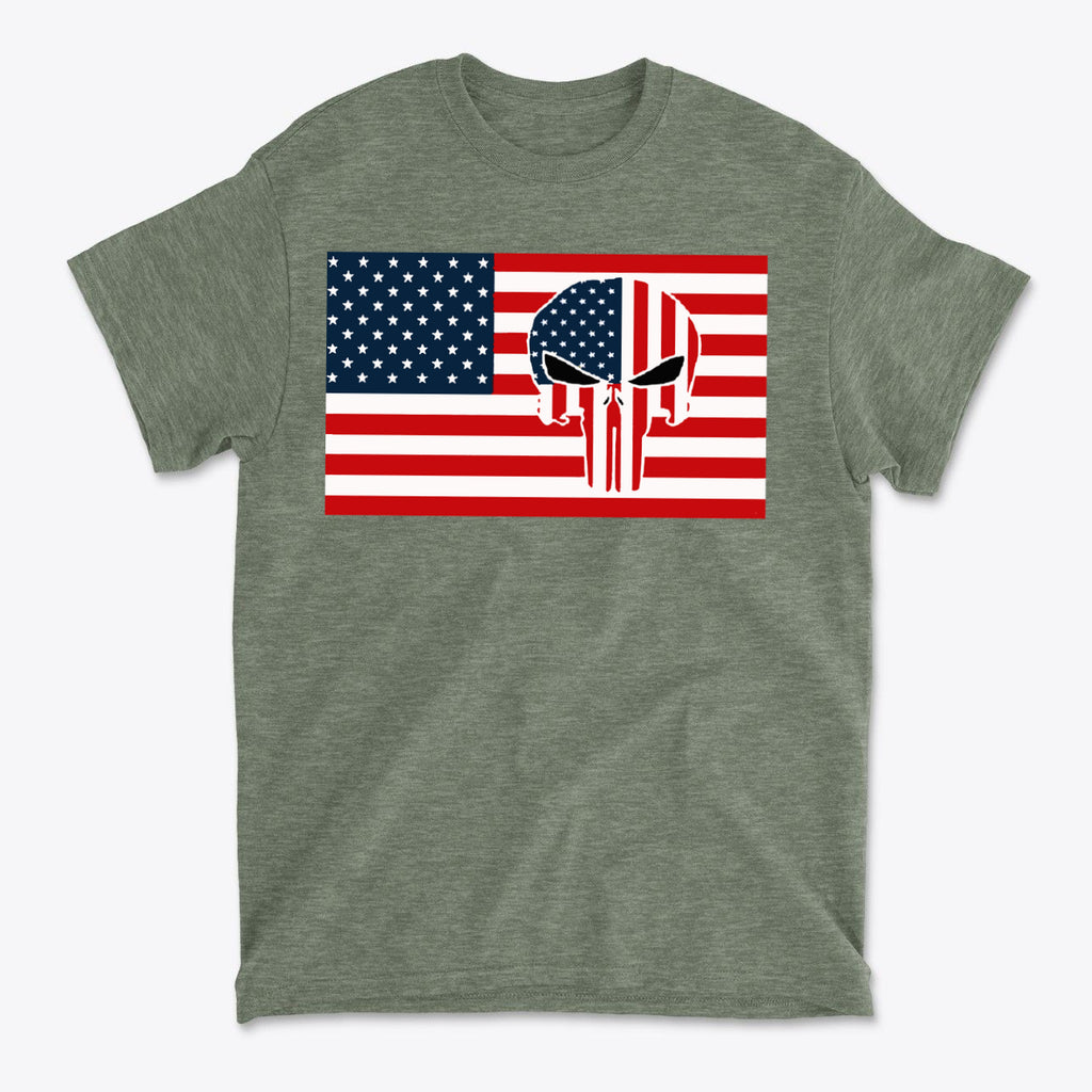 Punisher In Stars And Stripes On American Flag graphic t-shirt featuring bold design with American flag.
