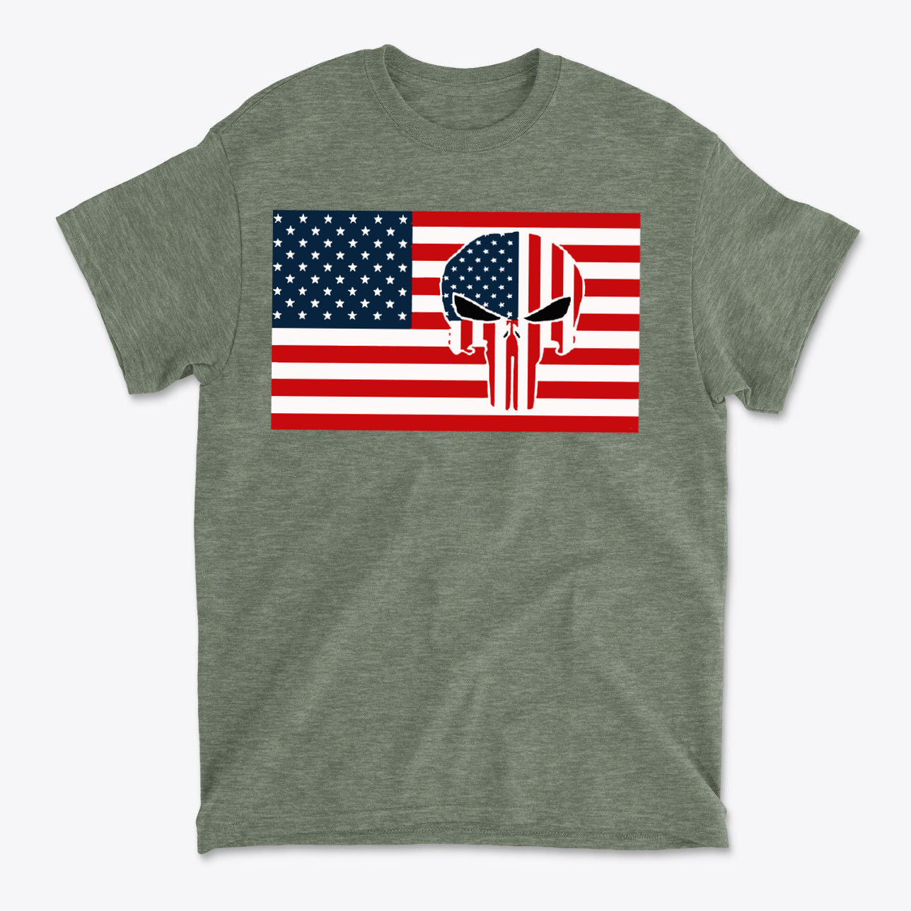 Punisher In Stars And Stripes On American Flag graphic t-shirt featuring bold design with American flag.