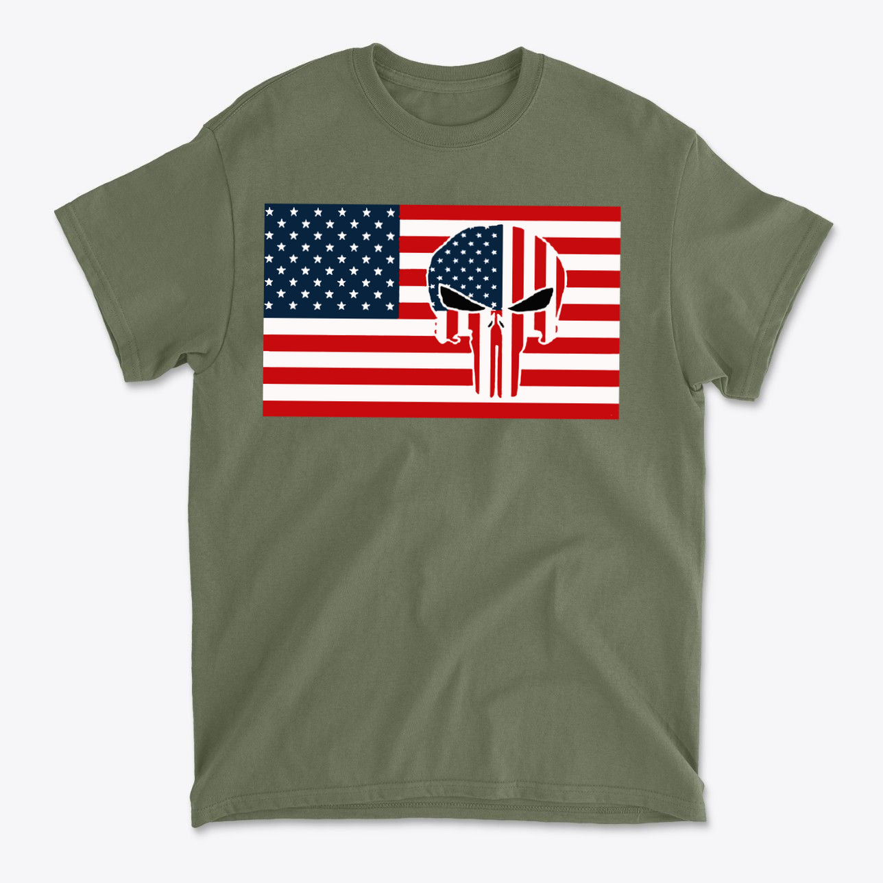 Punisher In Stars And Stripes On American Flag graphic on green t-shirt, showcasing American flag theme.