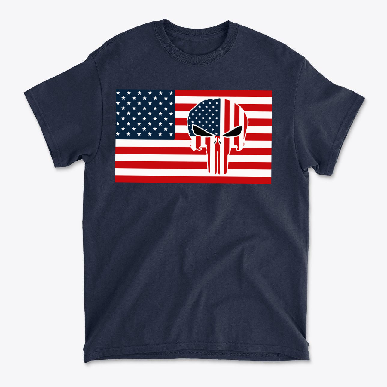 Punisher In Stars And Stripes On American Flag graphic design on navy t-shirt showcasing patriotic imagery.