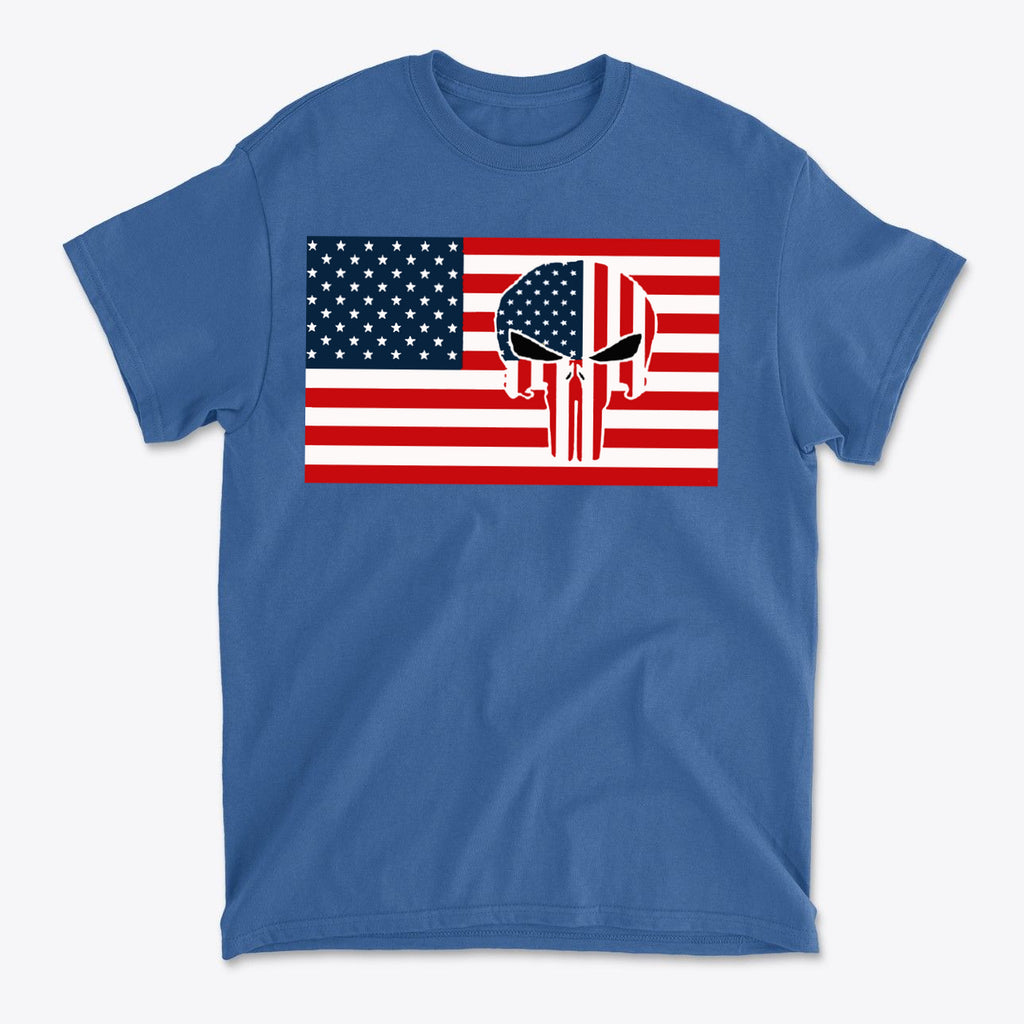 Punisher In Stars And Stripes On American Flag graphic design on blue t-shirt