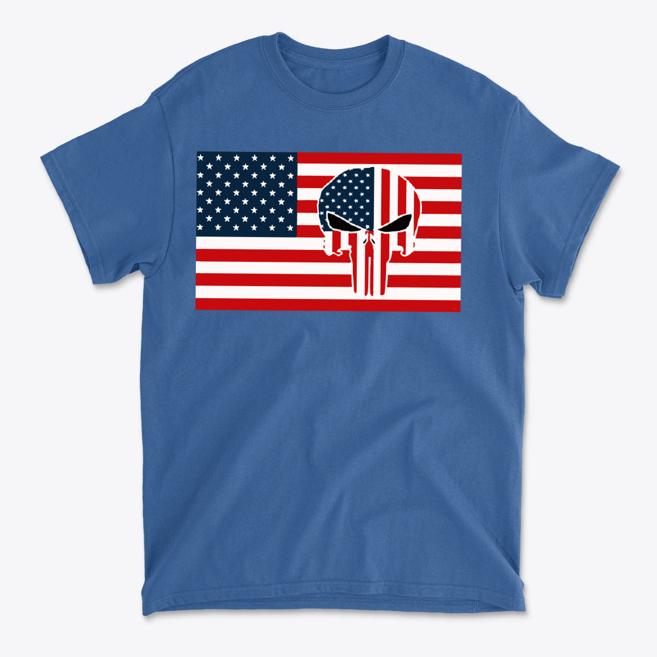 Punisher In Stars And Stripes On American Flag graphic design on blue t-shirt