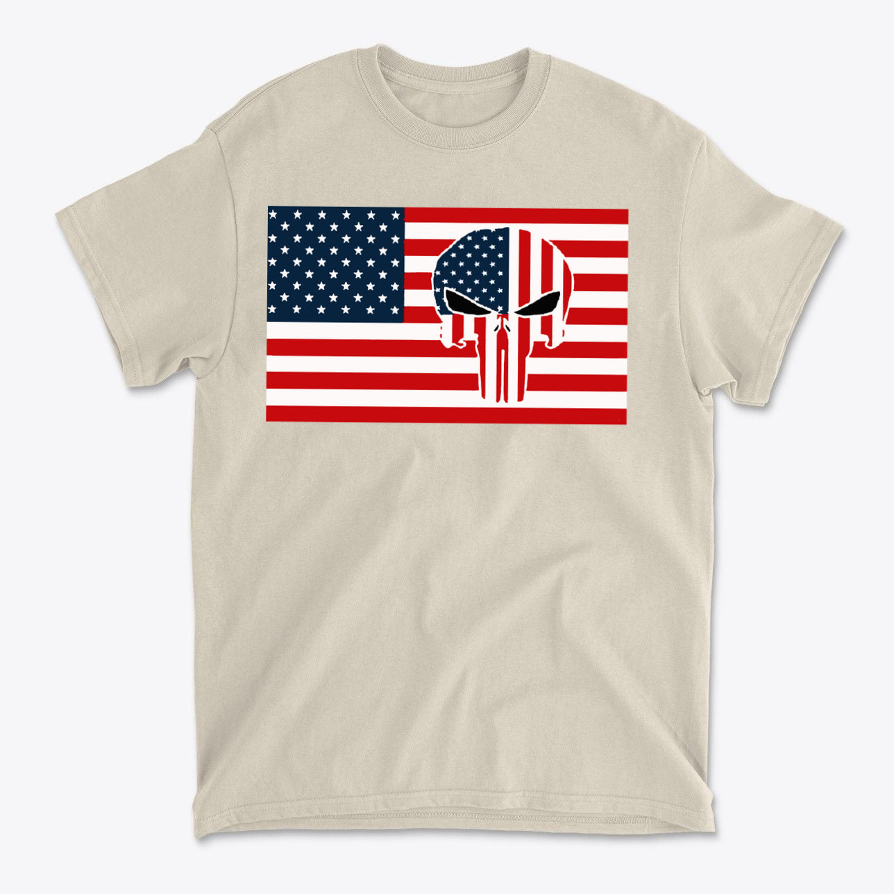 Punisher In Stars And Stripes On American Flag graphic t-shirt design featuring American flag and Punisher logo.
