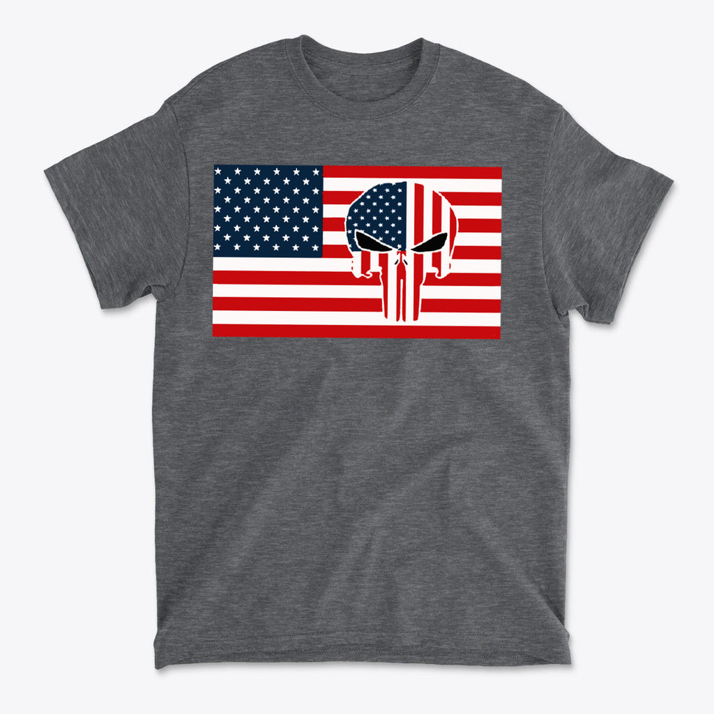 Punisher In Stars And Stripes On American Flag graphic t-shirt design featuring American flag and Punisher logo.