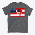 Punisher In Stars And Stripes On American Flag graphic t-shirt design featuring American flag and Punisher logo.