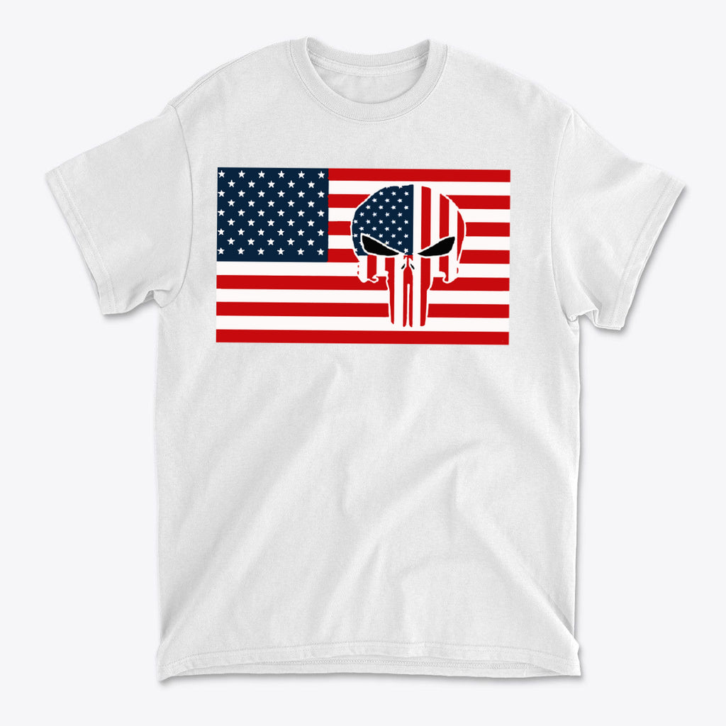 Punisher In Stars And Stripes On American Flag t-shirt featuring bold design on white fabric.