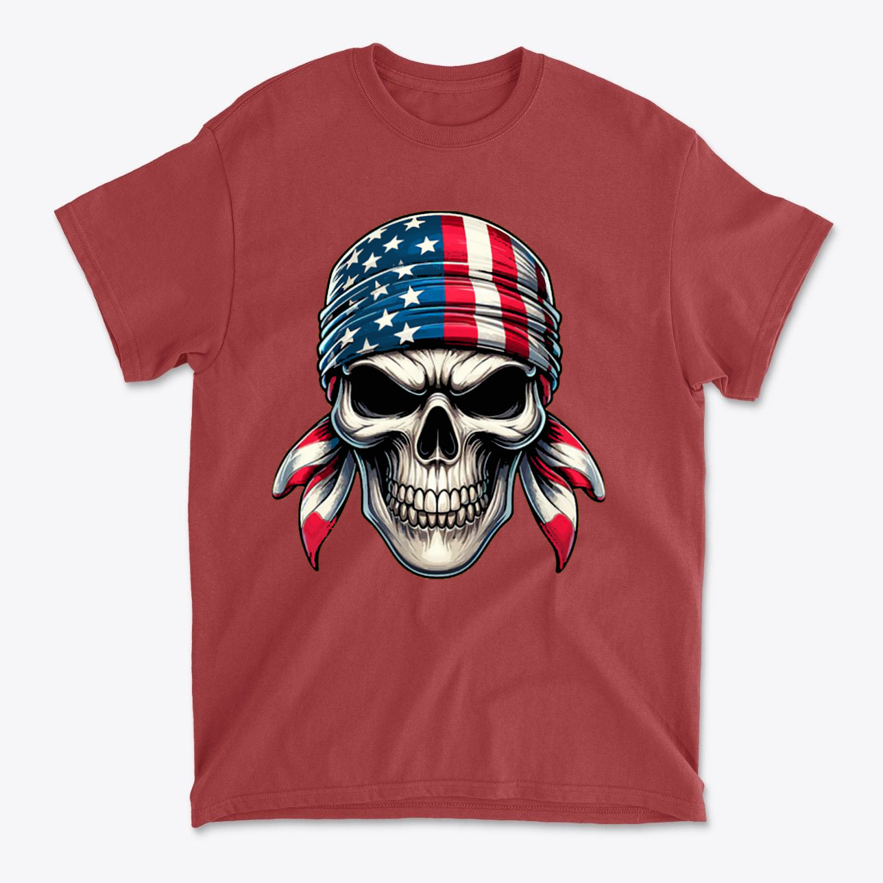 Skull Wrapped In American Flag Design on a red T-shirt, showcasing a bold conservative style.