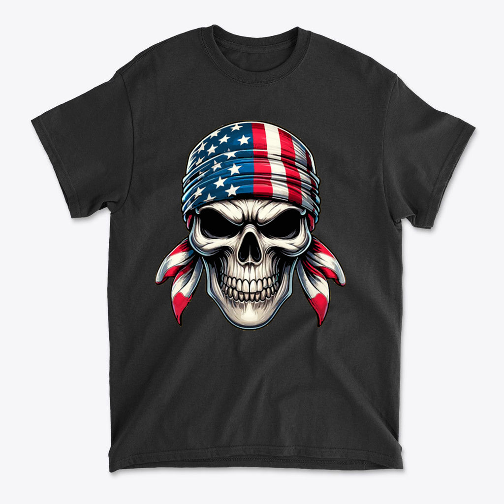 Skull Wrapped In American Flag Design on a black t-shirt, showcasing a patriotic design.