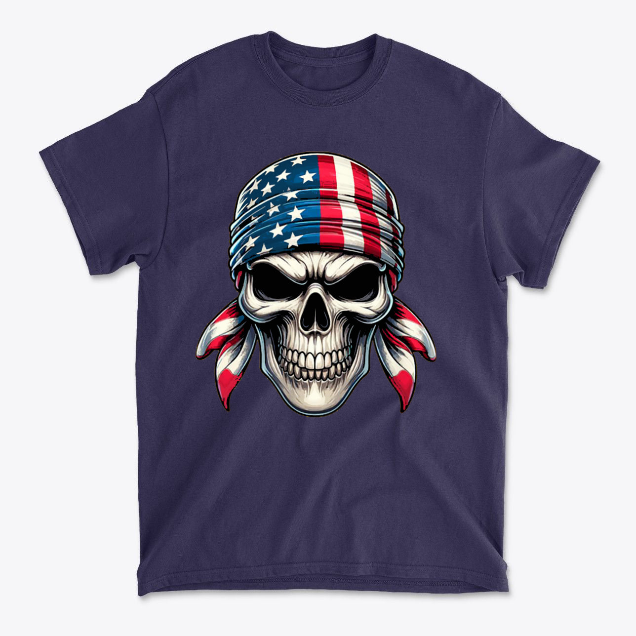 Skull Wrapped In American Flag Design on a navy blue t-shirt, representing conservative values.