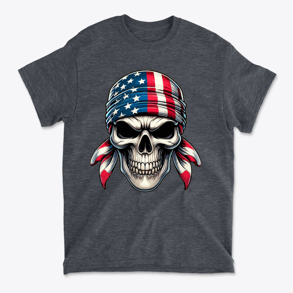 Skull Wrapped In American Flag Design on a black t-shirt with a graphic illustration.