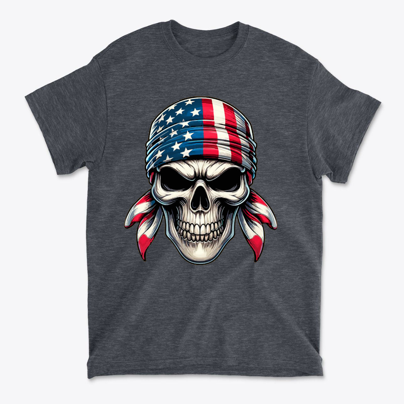 Skull Wrapped In American Flag Design on a black t-shirt with a graphic illustration.