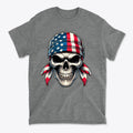 Skull Wrapped In American Flag Design on a gray t-shirt showcasing a patriotic theme.