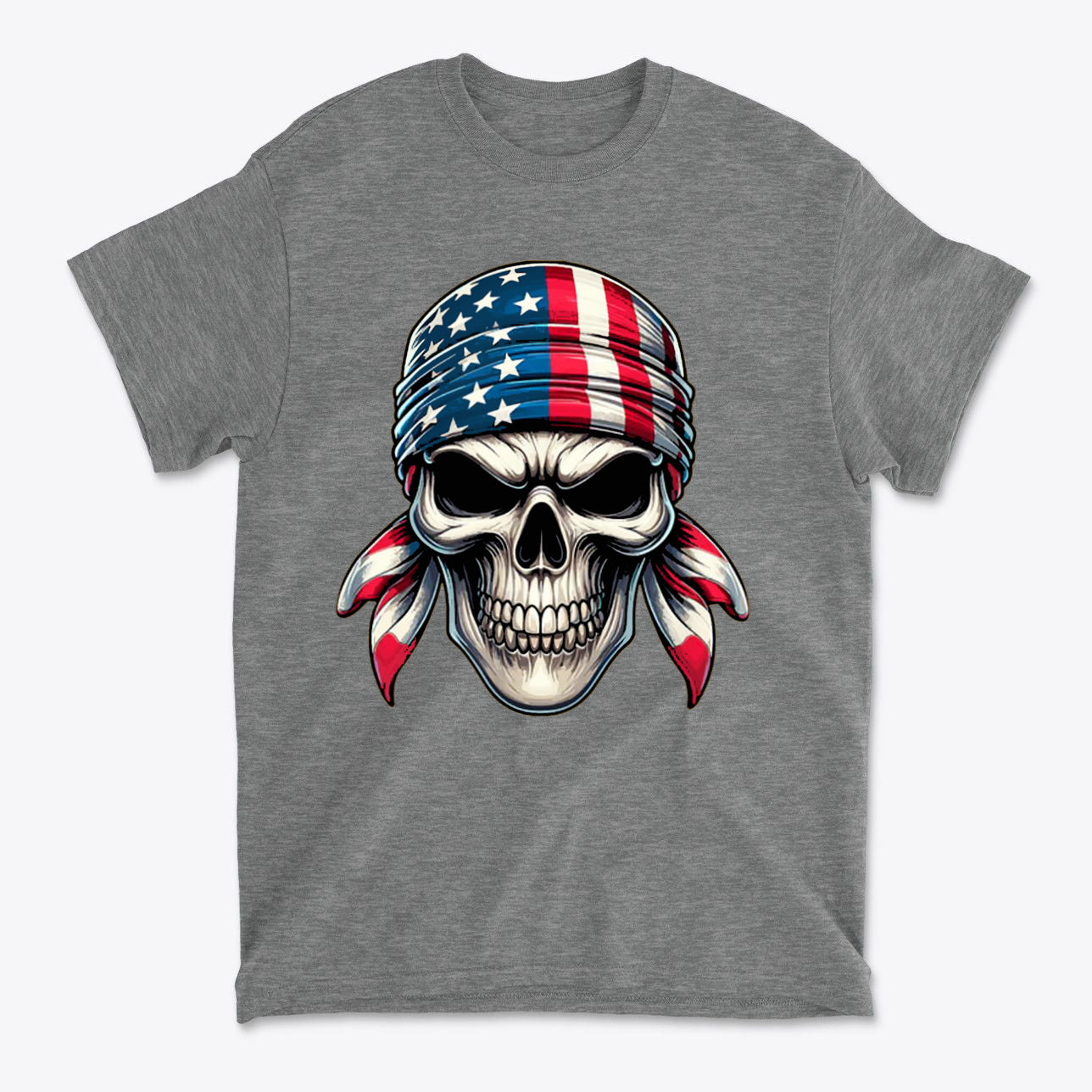 Skull Wrapped In American Flag Design on a gray t-shirt showcasing a patriotic theme.