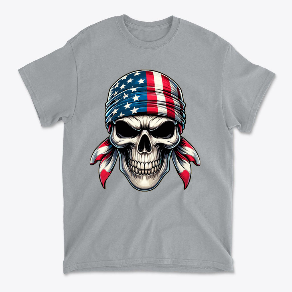 Skull Wrapped In American Flag Design on a gray t-shirt, showcasing a bold conservative message.