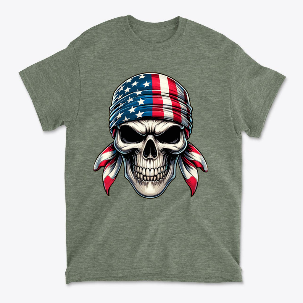 Skull Wrapped In American Flag Design on a green t-shirt, showcasing a bold patriotic theme.
