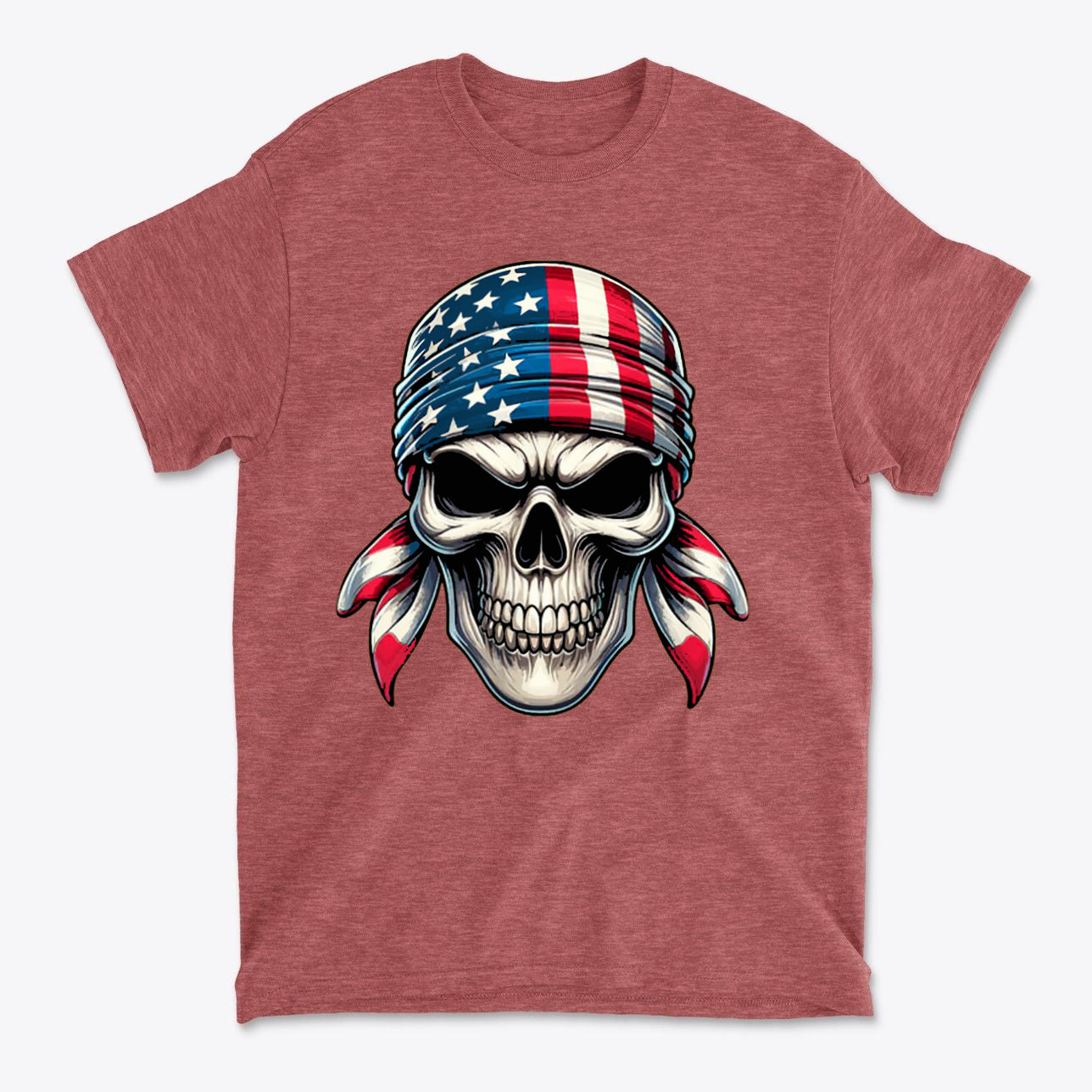 Skull Wrapped In American Flag Design on a red t-shirt showcasing a bold conservative message.