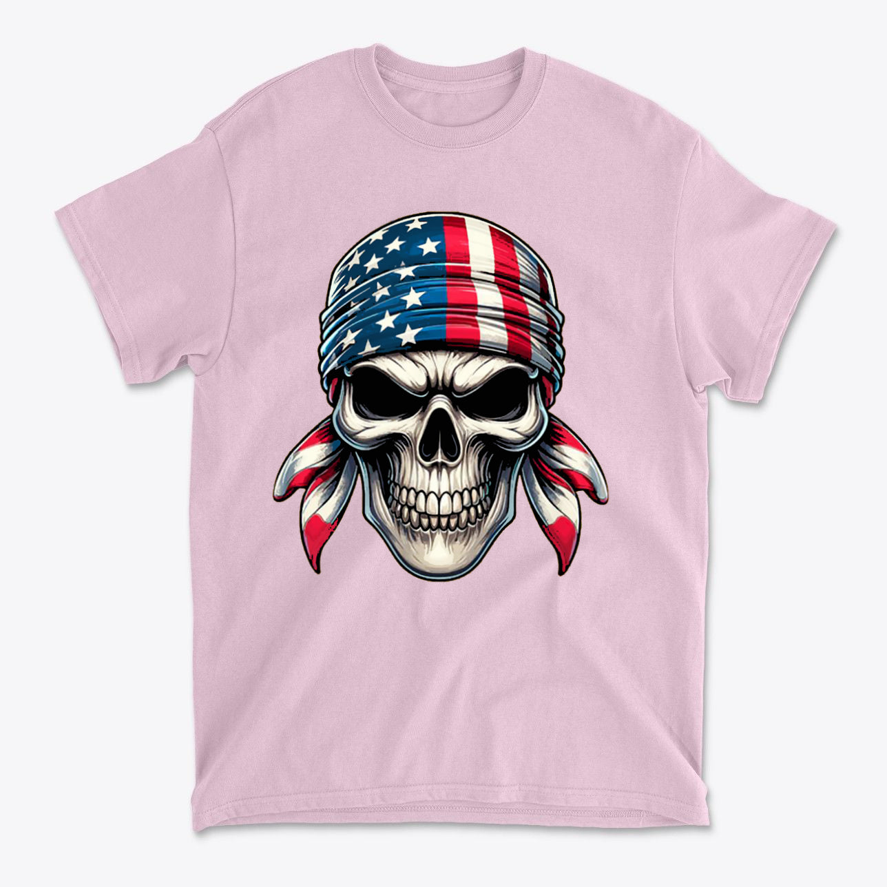 Skull Wrapped In American Flag Design on a pink t-shirt, representing conservative values and style.