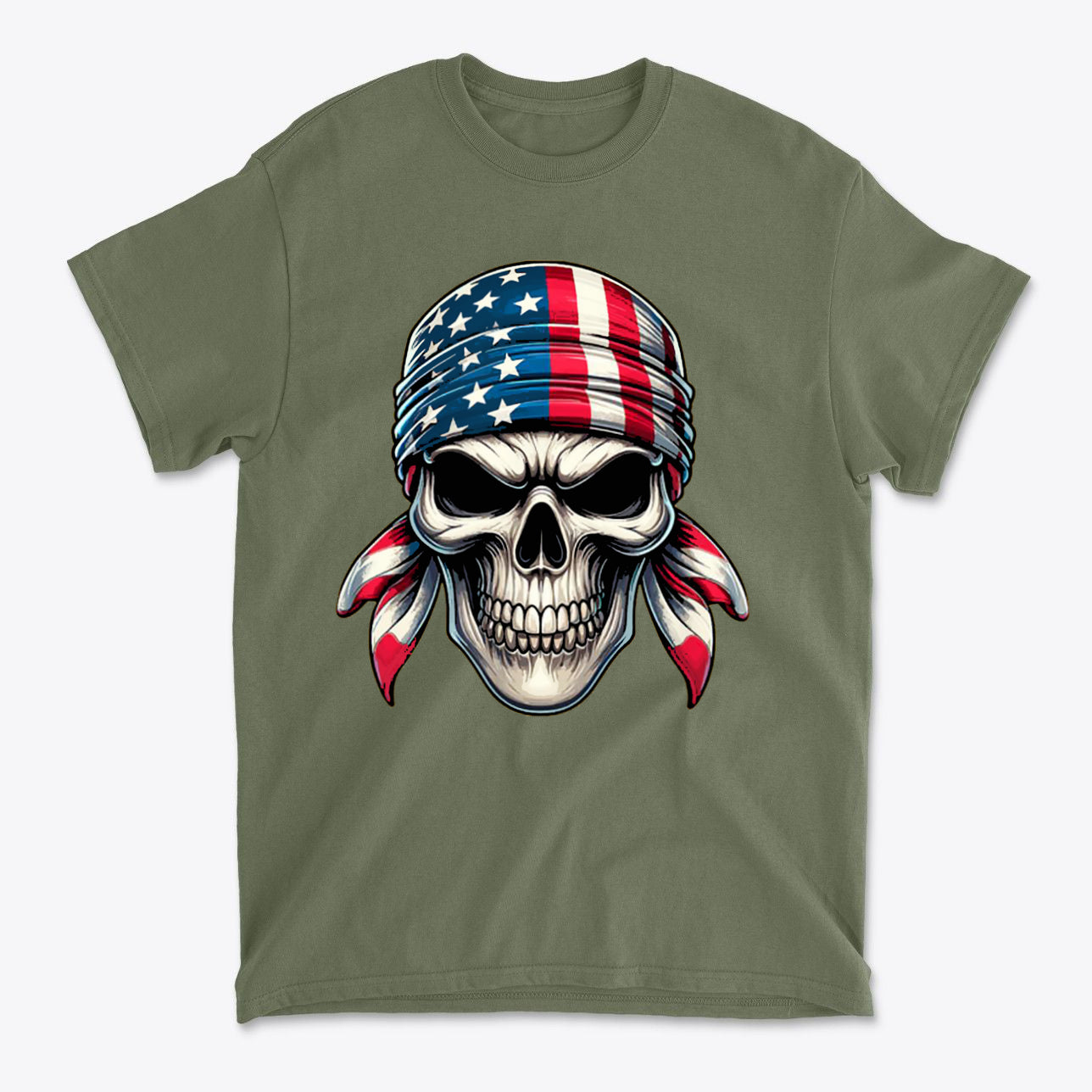 Skull Wrapped In American Flag Design on a green t-shirt, featuring a detailed skull with a bandana.