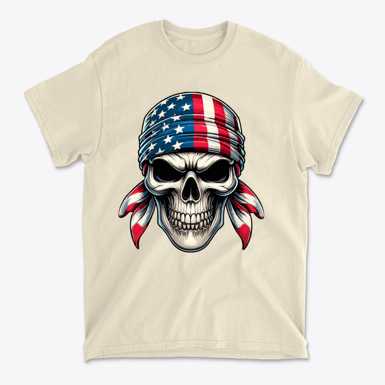 Skull Wrapped In American Flag Design on a beige t-shirt with a detailed illustration of a skull wearing a flag bandana.