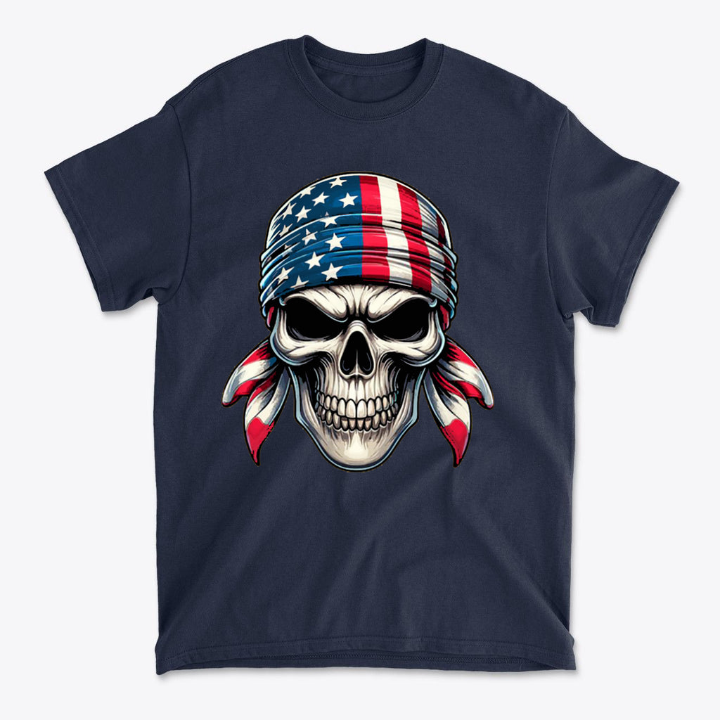Skull Wrapped In American Flag Design on navy blue t-shirt with intricate artwork and bold colors.