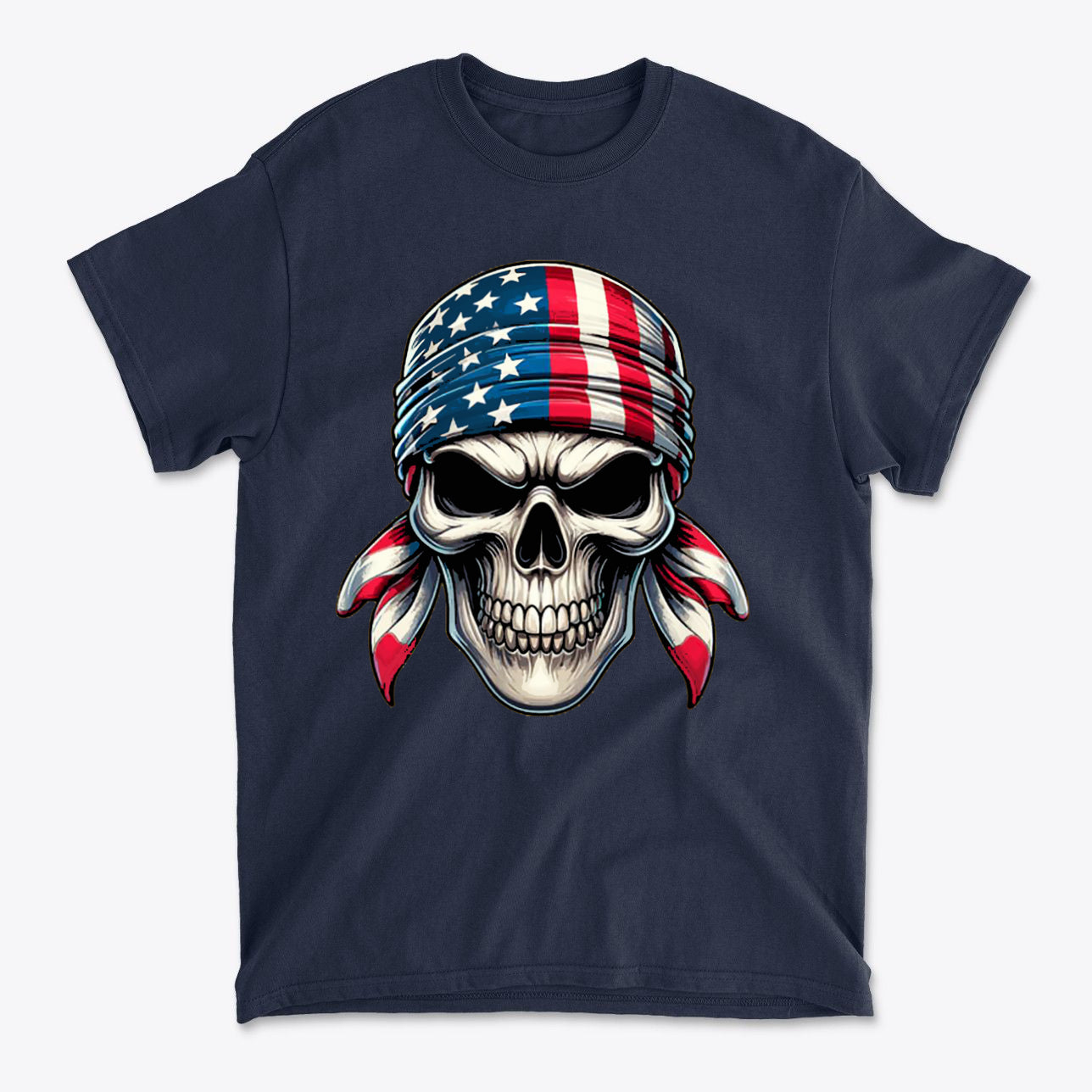 Skull Wrapped In American Flag Design on navy blue t-shirt with intricate artwork and bold colors.
