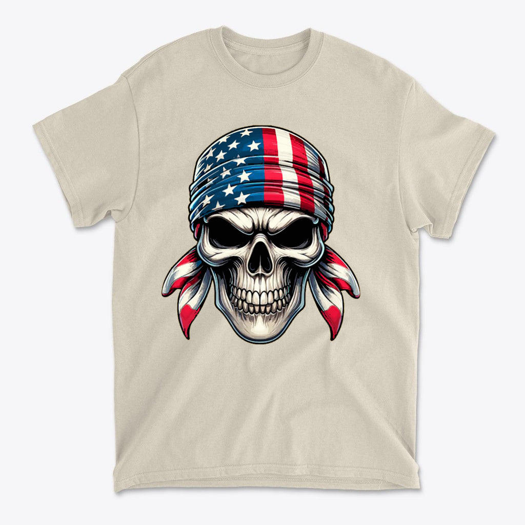 Skull Wrapped In American Flag Design on a beige t-shirt, showcasing a bold and patriotic style.