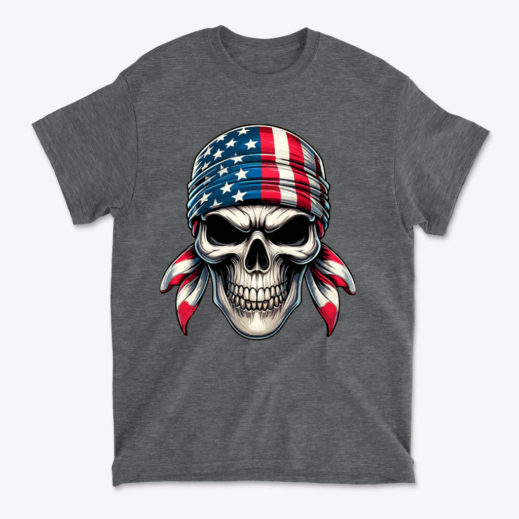Skull Wrapped In American Flag Design on a grey T-shirt, showcasing a bold and patriotic style.