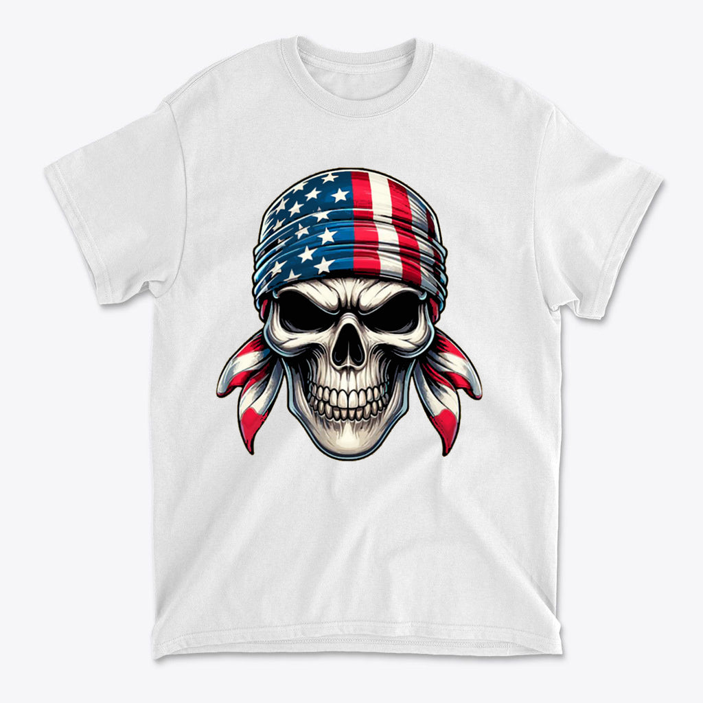Skull Wrapped In American Flag Design on a white t-shirt showcasing a patriotic style.