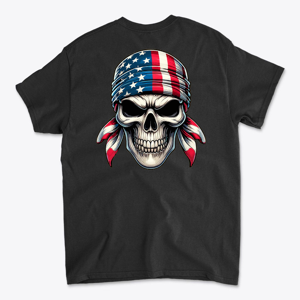 Skull Wrapped In American Flag Graphic Shirt featuring a skull design with an American flag bandana on a black shirt.