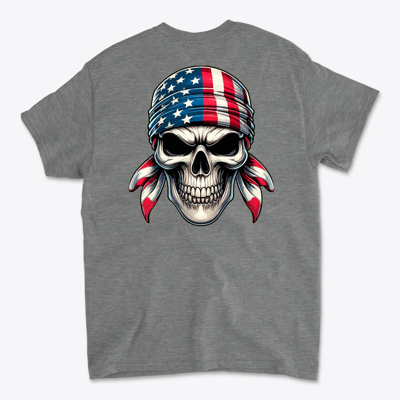 Skull Wrapped In American Flag Graphic Shirt featuring a skull wearing a red, white, and blue bandana on a gray t-shirt.
