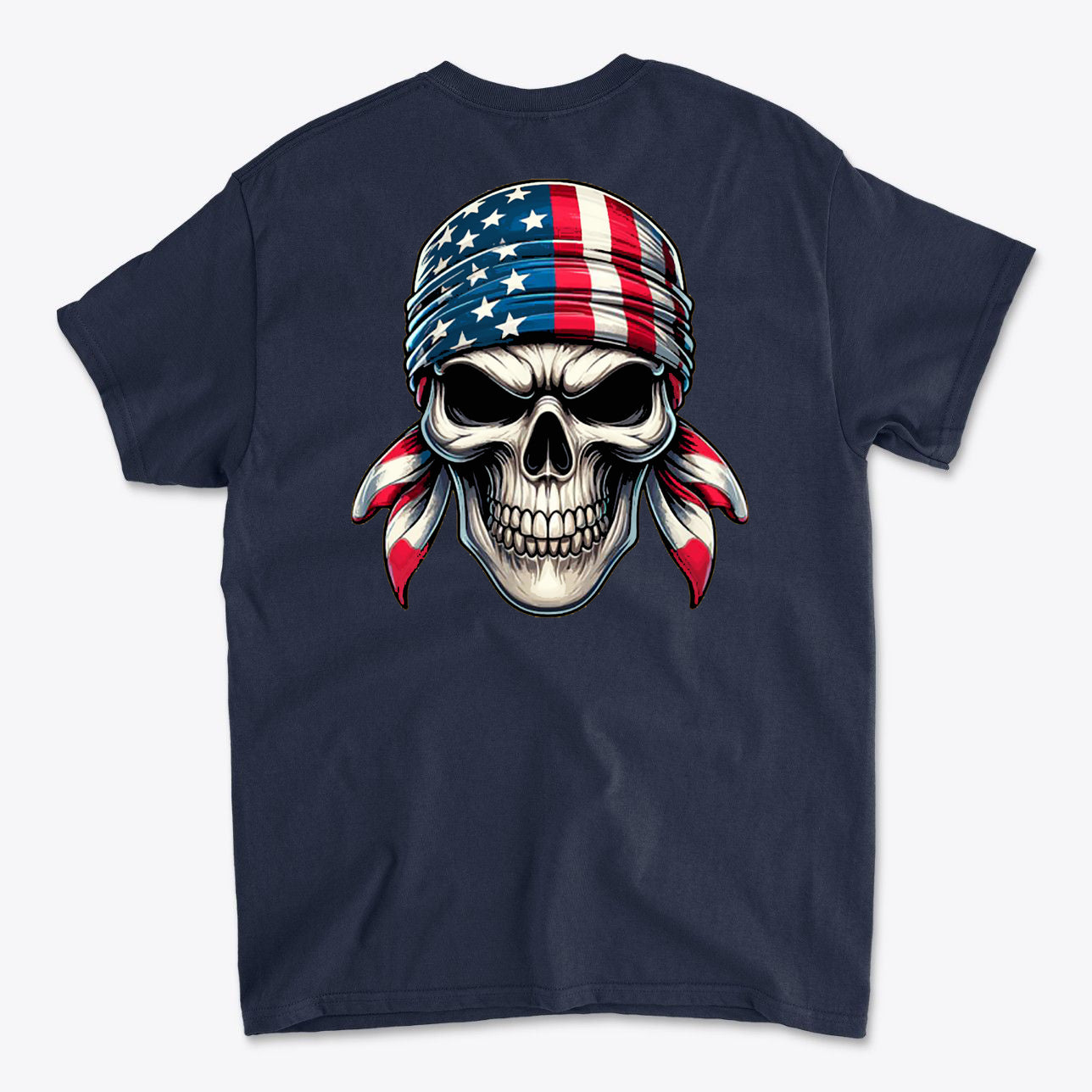 Skull Wrapped In American Flag Graphic Shirt featuring a skull design with an American flag bandana.