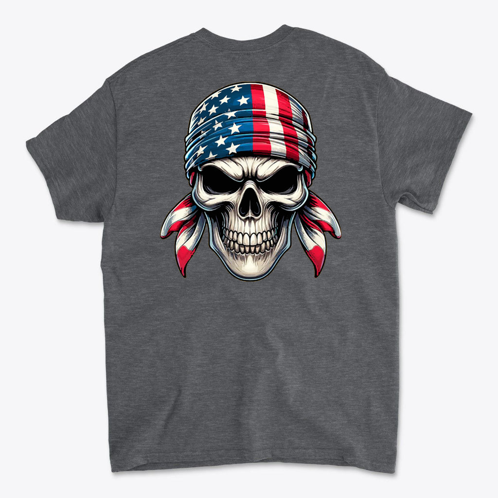 Skull Wrapped In American Flag Graphic Shirt featuring a bold skull design with an American flag bandana.