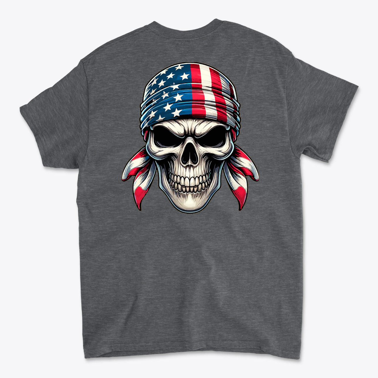 Skull Wrapped In American Flag Graphic Shirt featuring a bold skull design with an American flag bandana.