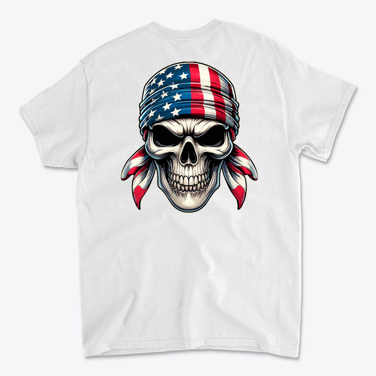 Skull Wrapped In American Flag Graphic Shirt with skull design on a white t-shirt.