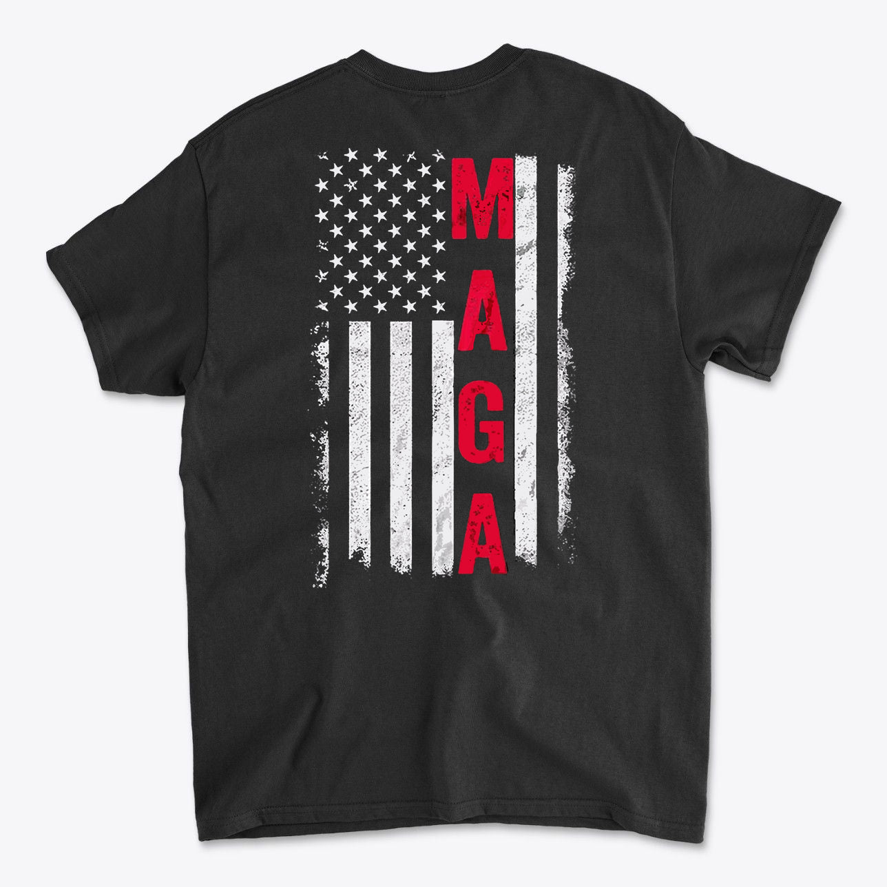 MAGA Black White Flag Graphic Shirt featuring a distressed flag design with bold 'MAGA' text in red.