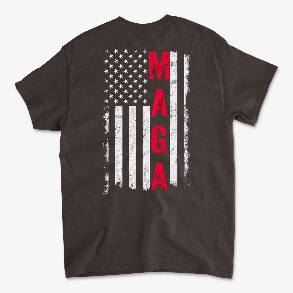MAGA Black White Flag Graphic Shirt featuring a distressed American flag design in red and white.