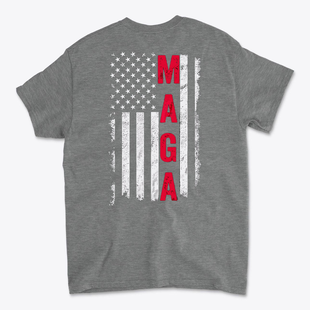 MAGA Black White Flag Graphic Shirt featuring a distressed American flag design on a gray t-shirt.