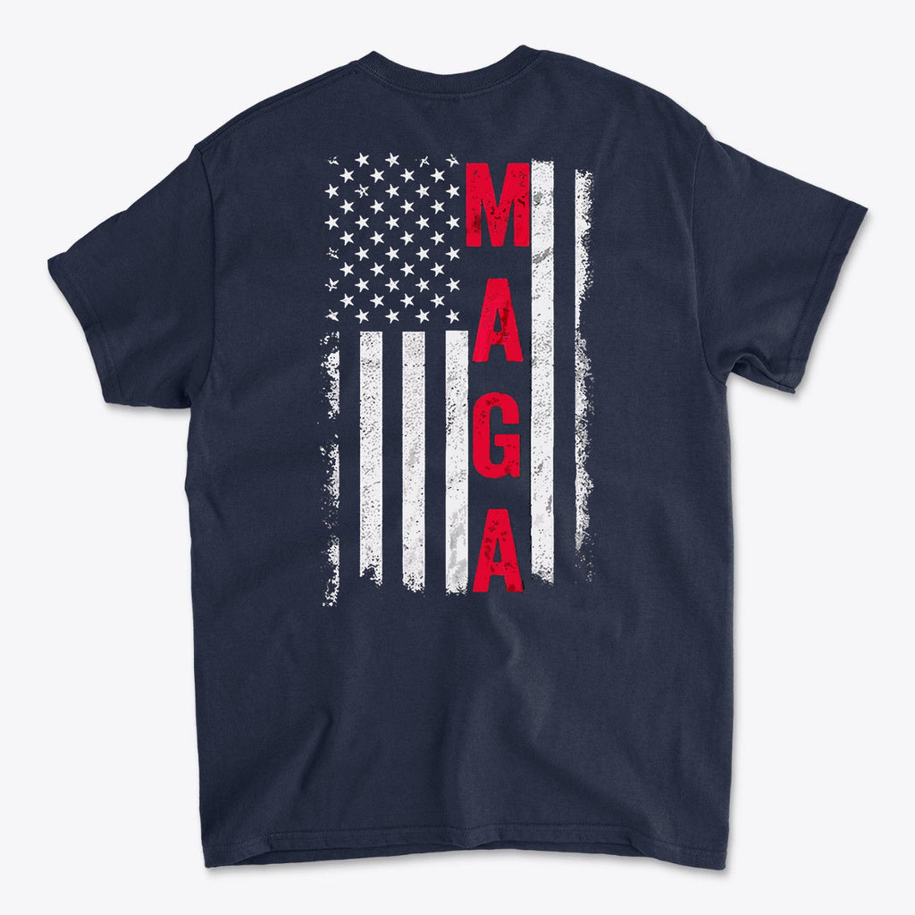 MAGA Black White Flag Graphic Shirt featuring a distressed American flag design on a navy blue background.