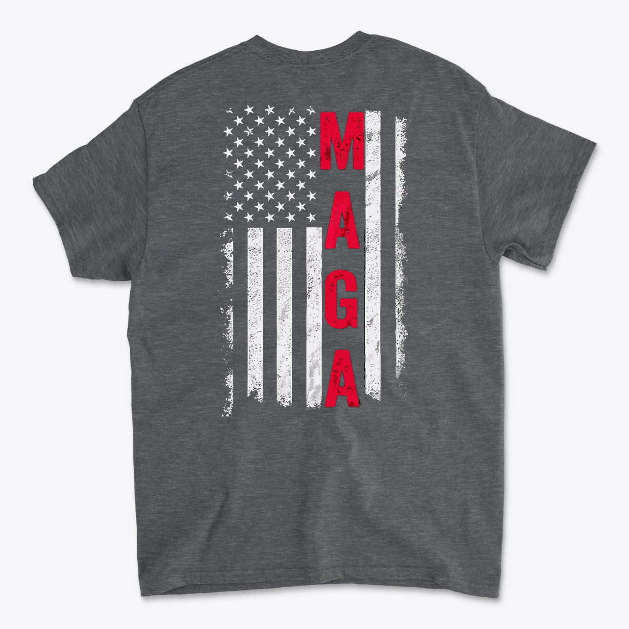 MAGA Black White Flag Graphic Shirt featuring a distressed American flag design on a gray t-shirt.