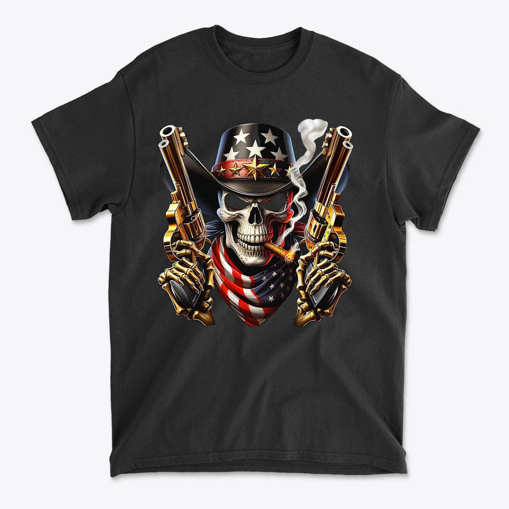 Skull With Cigar And Guns T Shirt featuring graphic design of a skull with guns and American flag.