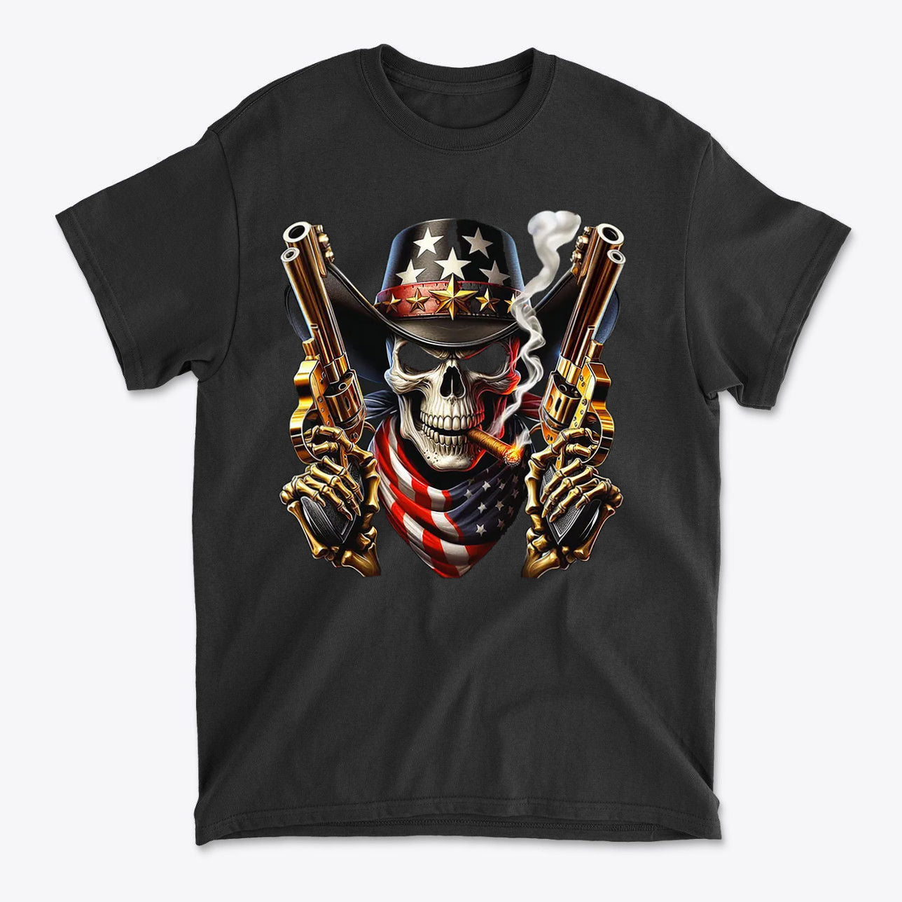 Skull With Cigar And Guns T Shirt featuring graphic design of a skull with guns and American flag.