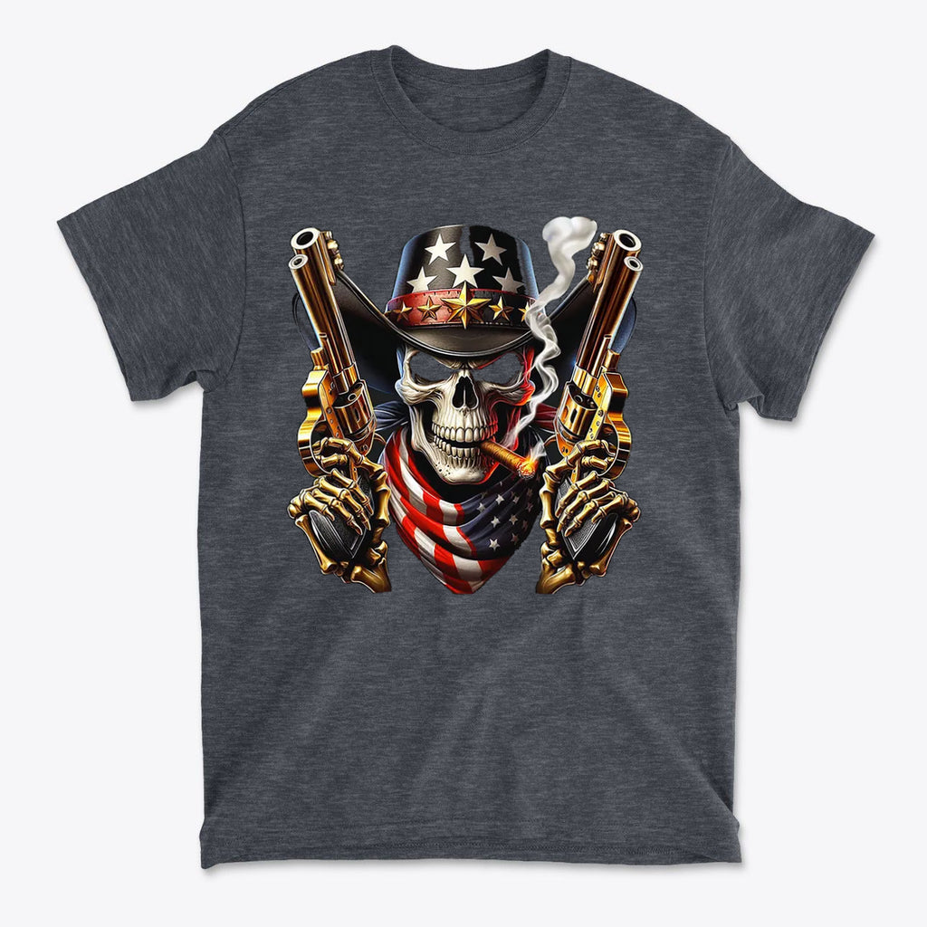 Skull With Cigar And Guns T Shirt featuring a skull, guns, and an American flag design.