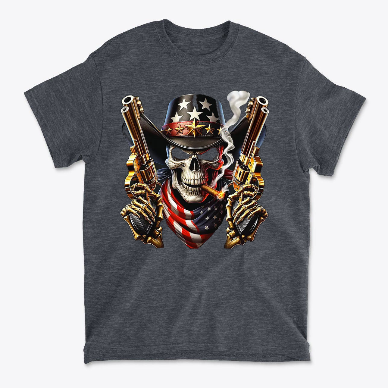 Skull With Cigar And Guns T Shirt featuring a skull, guns, and an American flag design.