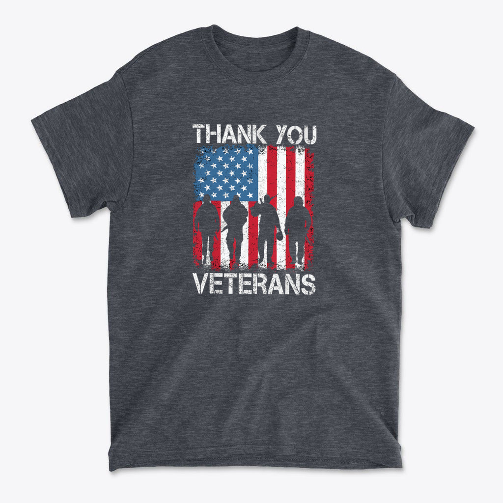 Thank You Veterans On American Flag t-shirt featuring military silhouettes and an American flag design.
