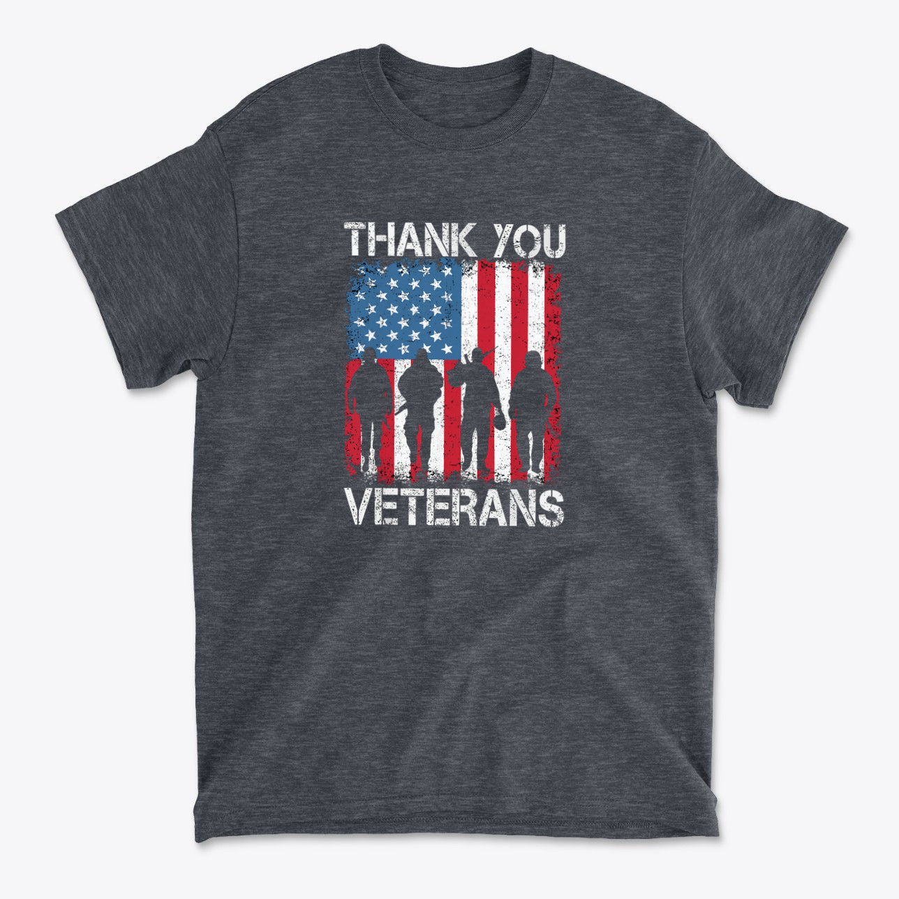 Thank You Veterans On American Flag t-shirt featuring military silhouettes and an American flag design.