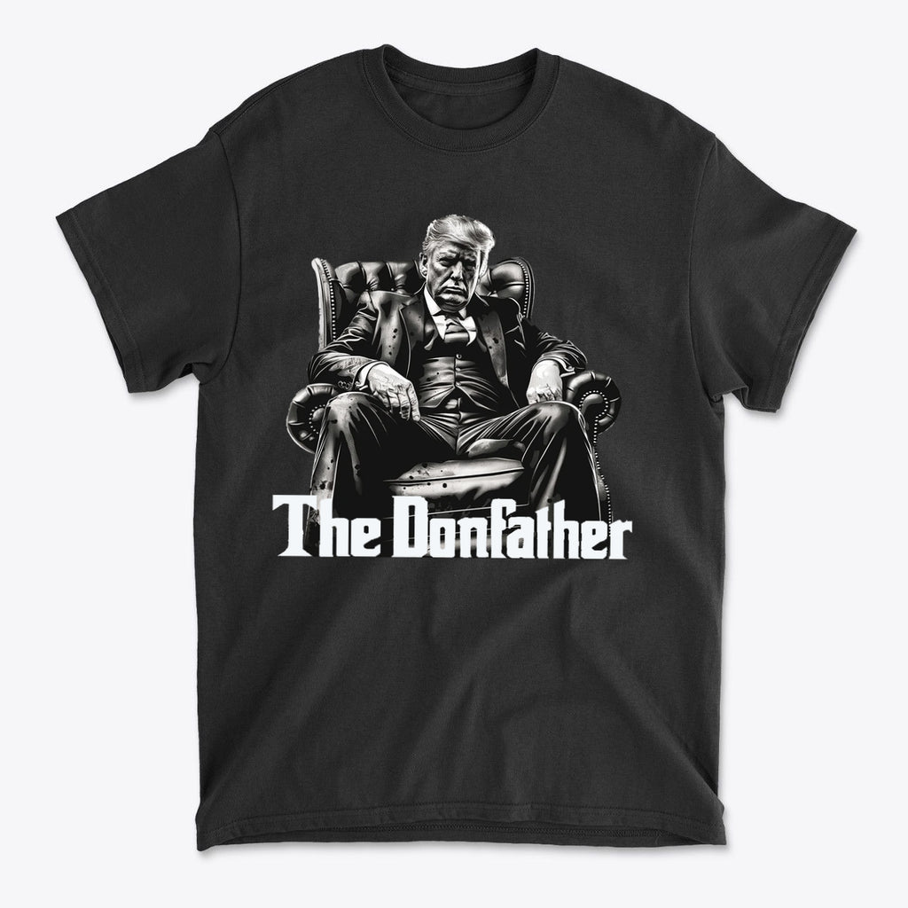 The Donfather Seated Vintage Design t-shirt featuring a stylized portrait of Donald Trump in an office chair.