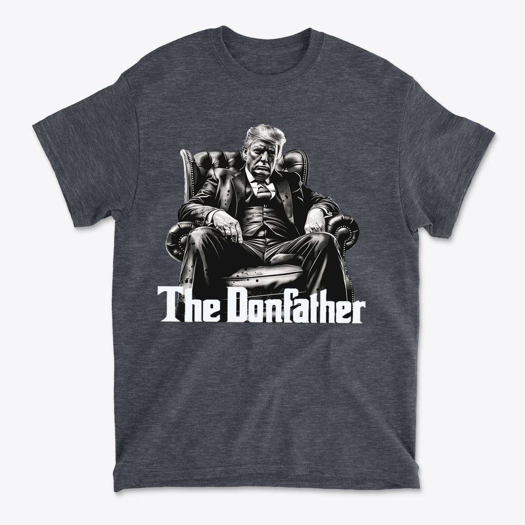 The Donfather Seated Vintage Design t-shirt featuring a stylized portrait of Donald Trump in a classic seated pose.
