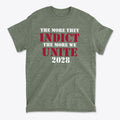 The More They Indict The More We Unite 2028 Wht Ltrs design on a green t-shirt, showcasing a powerful political statement.