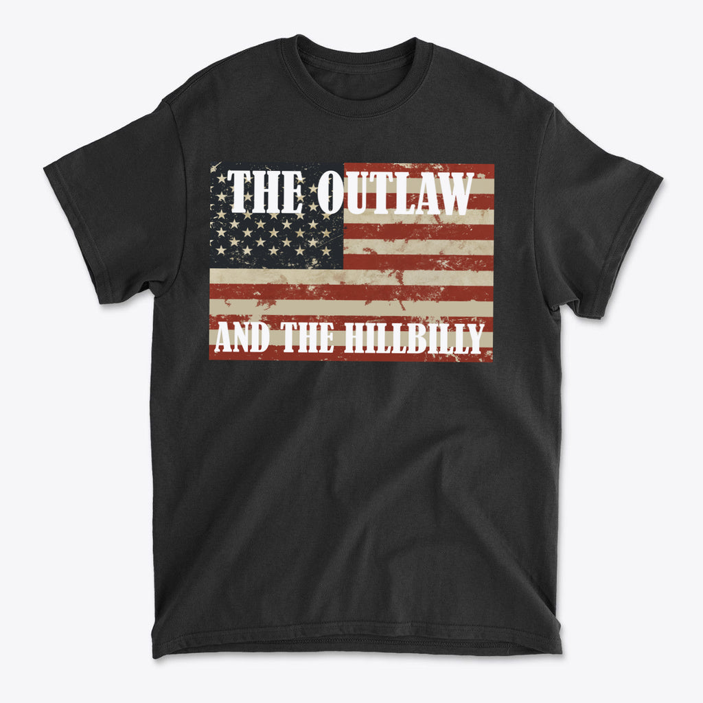 Patriotic Conservative Apparel for Men featuring The Outlaw and The Hillbilly graphic on a black t-shirt.
